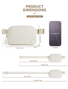 Quilted belt bag size guide showing 19.5x13.5cm dimensions and adjustable strap length