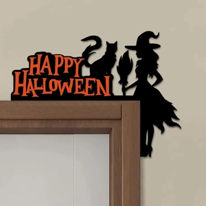 Halloween witch and black cat wood door corner sign with Happy Halloween text
