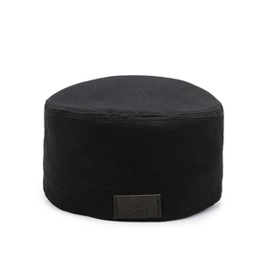 Classic black cotton military flat top cap with brown star leather patch detail