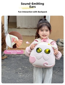 Pink kitten schoolbag for kids with squeaky ears and heart-shaped sunglasses detail