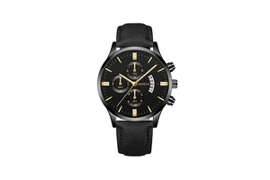 Gros plan détaillé d'une montre d'affaires avec bracelet cuir noir et index dorés