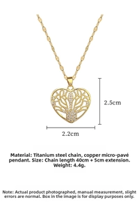 Detailed view of gold heart pendant with tree of life design and dimension markings