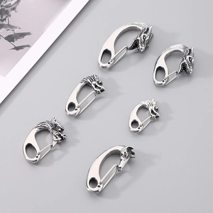 Detail of silver dragon head spring clasps made of vintage cast stainless steel