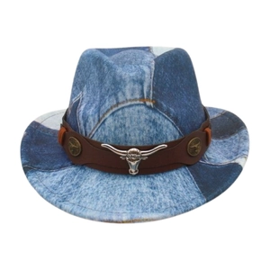 Detail of blue denim style cowboy hat with brown leather band and silver bull head ornament