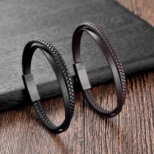 Men's multilayer braided leather bracelet with magnetic clasp in black and brown