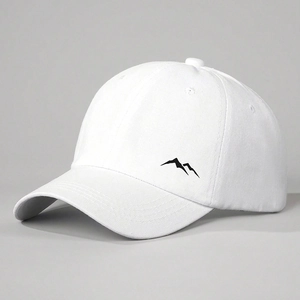 White baseball cap with minimalist black mountain logo for outdoor sun protection