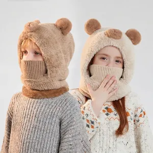 Kids Balaclava Integrated Hat Scarf Mask Plush Bear Ears Winter Warm Windproof Outdoor Cartoon For Boys Girls