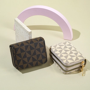 Accordion Card Holder Wallet Double Zipper PU Leather Geometric Print Multi Slot Large Capacity Coin Purse For Women Men