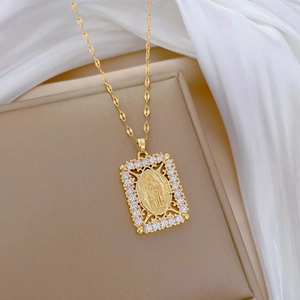Gold titanium necklace featuring a rectangular Virgin Mary portrait pendant with crystals