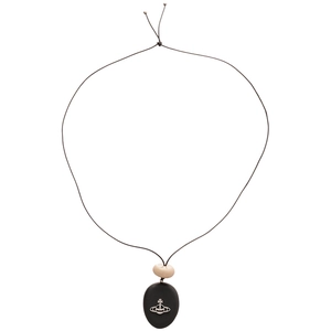 Retro acrylic geometric necklace with black Saturn pebble pendant and beige bead detail