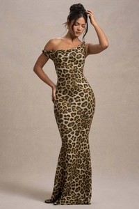 Close-up detail of leopard print bodycon maxi dress with an asymmetric off-shoulder design