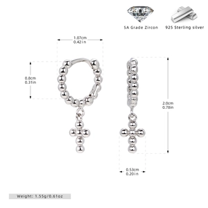 Detailed view of S925 sterling silver hoop earrings with beaded cross and zircon stones