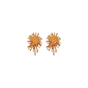 Exquisite golden firework stud earrings with sparkling zircons on white background