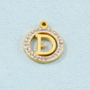 Gold titanium steel necklace with a round pendant featuring letter D and crystal inlay