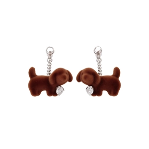 Brown flocked puppy stud earrings with silver pins and heart crystal pendant accents