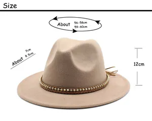 Detailed size chart for the wool fedora hat showing crown height and brim measurements
