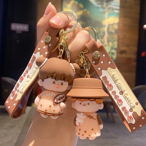 Cute cartoon bubble tea keychain pendants with hand straps for couples and bags