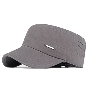 Classic dark grey flat top military cap in washed cotton with metal side detail