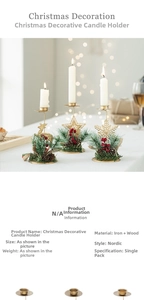 Detail of gold metal reindeer candle holder with pine cones and festive red berries
