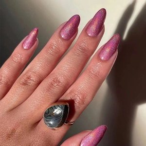 Rosa Holographische Glitzer Press On Nails Lange Almond Stiletto Aurora Glanz Glänzende Künstliche Falsche Finger Dekorative Maniküre
