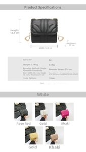 Detail specifications of mini quilted chain bags in five different stylish colors