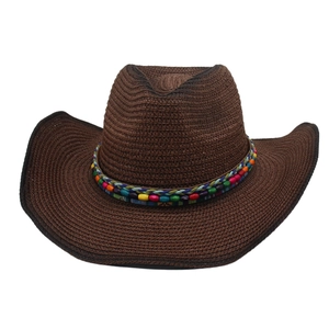Deep brown hand-woven Panama straw hat with ethnic beaded band for beach and sun protection
