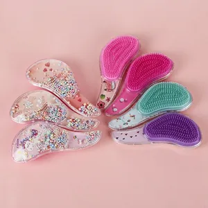 Cartoon unicorn transparent detangling massage hairbrush with colorful dynamic beads