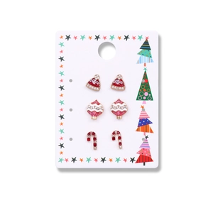 Three-pair Christmas earring set with Santa hat, candy cane and bauble on a display card