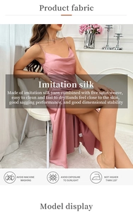 Pink satin slip dress with cowl neck and side slit detailing shown in fabric detail