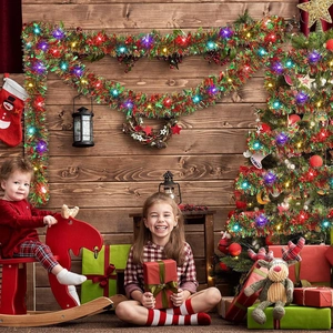 Christmas garland with LED lights and red berries for festive holiday party home decoration