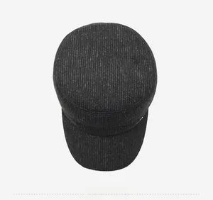 Top-down view of men's winter flat top cap with vertical striped texture and ear protection