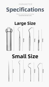 Detailed size chart of stainless steel dental pick set with portable storage case