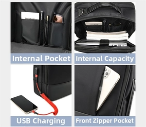 Detailed views of the business laptop backpack with USB port and organized compartments