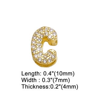 Detail of gold letter C pendant with clear crystals and precise size dimensions in mm