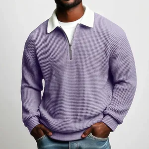 Men's purple waffle knit polo shirt with long sleeves and a white half-zip lapel collar