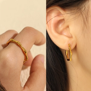Bamboo style gold plated stainless steel ring and earrings jewelry set for women