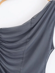 Close-up of dark grey mesh fabric with ruched collar and fine metallic shimmer texture