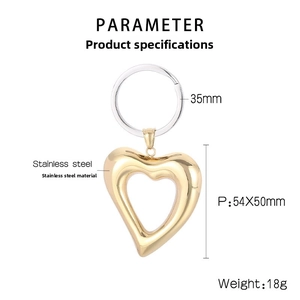 Detailed specs of stainless steel heart keychain showing 54x50mm pendant dimensions
