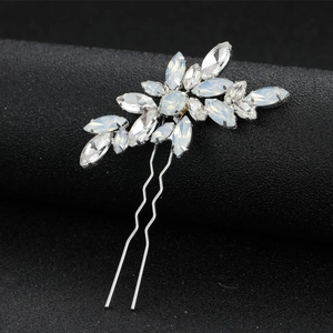 Silver U-shaped hair pin featuring opal flowers and sparkling rhinestones for women