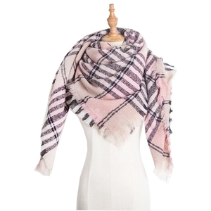 Plaid tassel scarf for women in pink, black, and beige with natural fringed edges