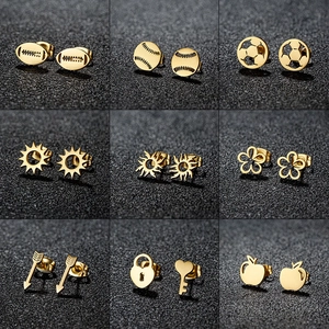 Stainless Steel Stud Earrings Sports Football Baseball Rugby Apple Sun Arrow Heart Lock Key Minimalist Punk Jewelry For Women
