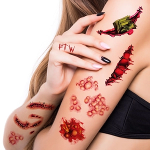 Realistic Halloween horror scar tattoos featuring bloody cuts and surgical stitch makeup