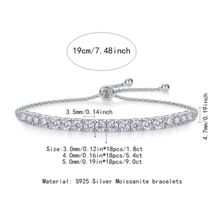 Detailed specs of S925 silver tennis bracelet with moissanite stones and slide clasp