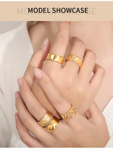 Model wearing various gold-plated titanium steel rings with geometric textures and patterns