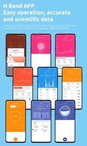 H Band APP interface showing real-time heart rate and sleep monitoring data screens