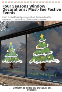 Dettaglio di adesivi natalizi per finestre con scritte Merry Christmas su vetro