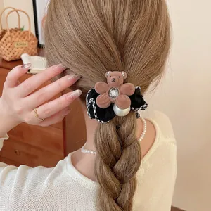 Cute teddy bear hair tie with fabric lace and artificial pearls for stylish hair styling