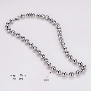 Detail of 60cm silver bead chain necklace with 10mm stainless steel beads and 60g weight