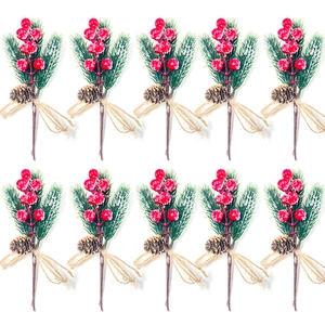 10-piece Christmas artificial pine picks with red berries, pinecones, and twine bows