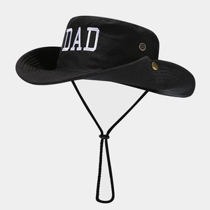 Men's outdoor black wide-brim sun hat with white DAD embroidery and windproof cord